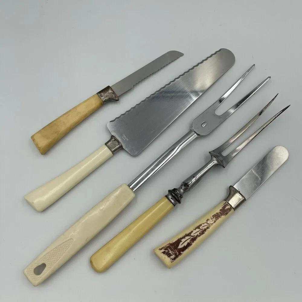 5 PC Vintage MCM Cream Yellow Bakelite Lot Kitchen Serveware Knife Fork Pie Cake